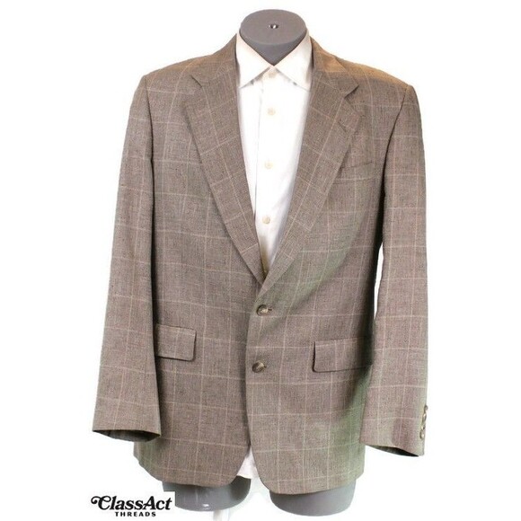 Hart Schaffer Marx Men’s Tan Brown Checked 100% Silk 2 Btn Blazer Sport Coat 42L - Picture 1 of 8